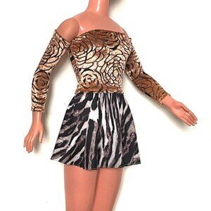 Velvet Top & multicolor animal print mini skirt for My Size Barbie Doll 36" New